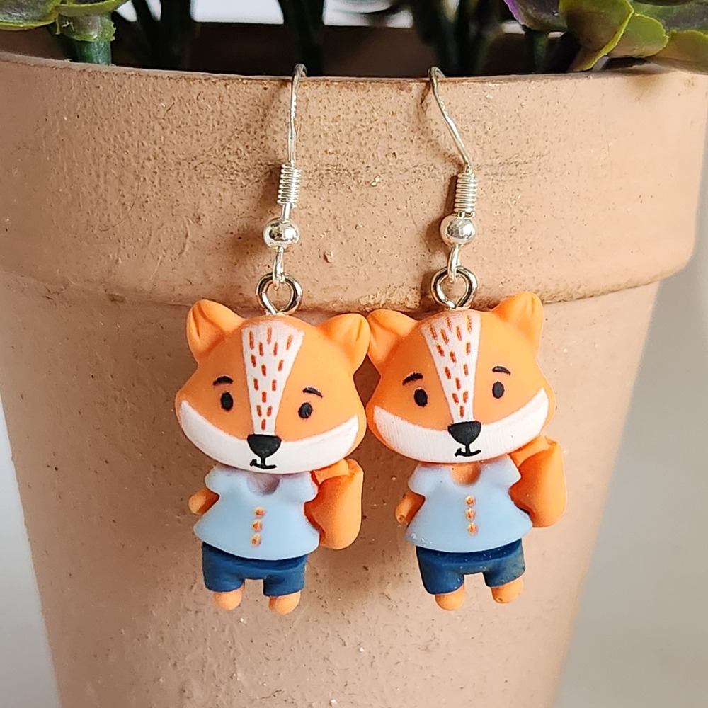 Orange Fox Animal Dangle Earrings‎ Blue Shirt Woodland Whimsical Handmade NEW